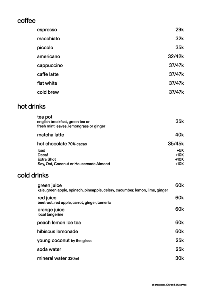 Drinks menu bakery